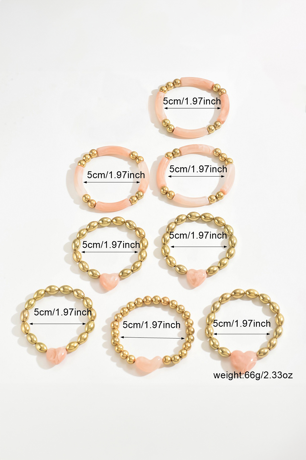 Gold Plated Bead Acrylic Detail 3D Heart Accent 8pcs Bracelet Set