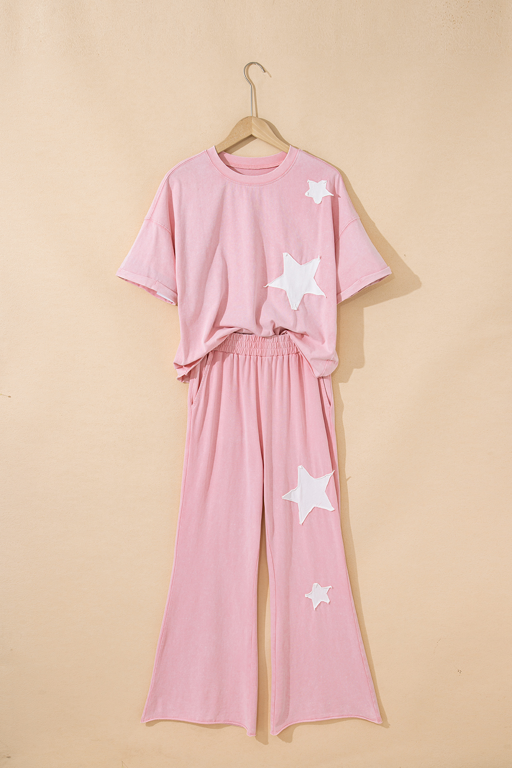 Light Pink Acid Wash Star Patched Rolled Trim Pants Set