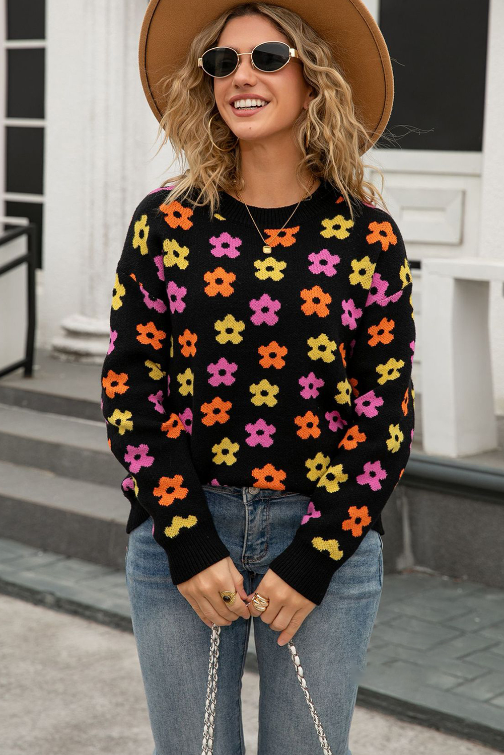 Apricot Cute Flower Allover Ribbed Trimmed Drop Shoulder Pullover Sweater