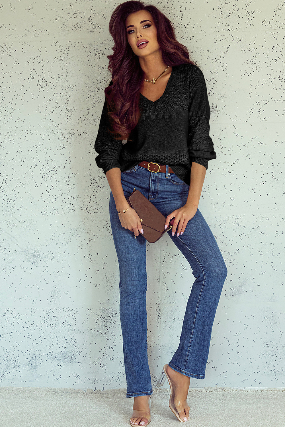 Sky Blue Eyelet Pattern Detail V Neck Drop Shoulder Sweater