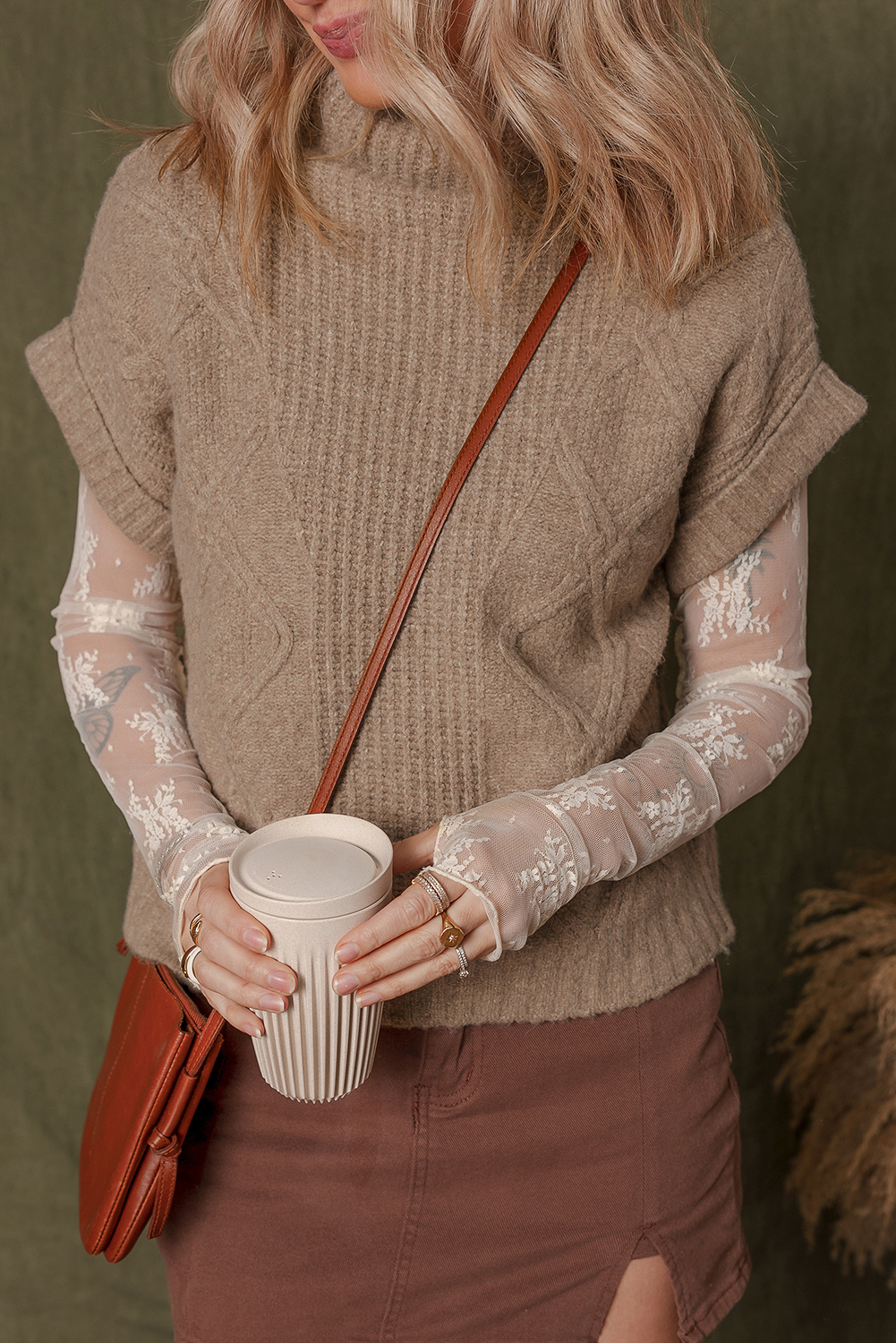 Smoke Gray Textured Knit High Neck Sweater T Shirt