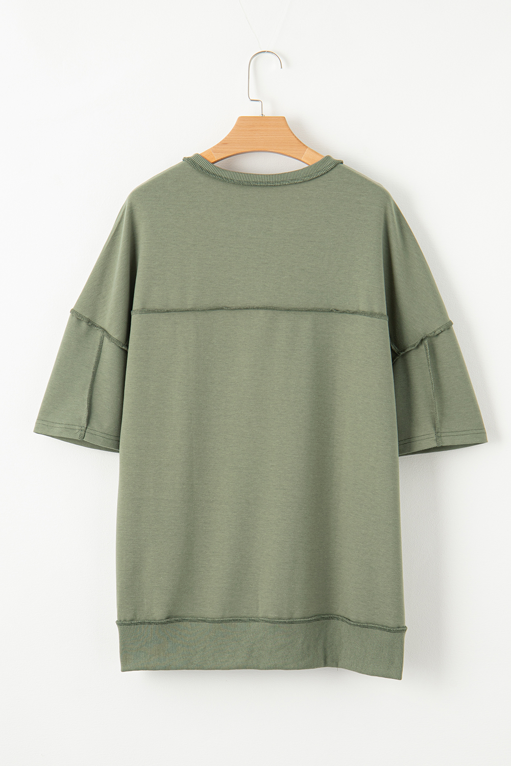 Jungle Green Exposed Seam Button Neck Wide Sleeve Tunic Top