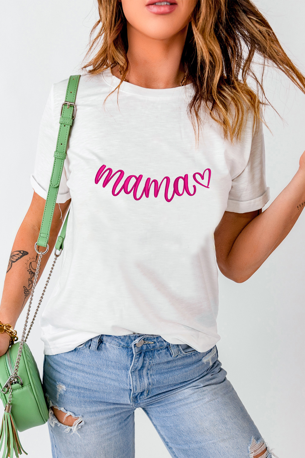 White mama Heart Embroidered Mothers Day T Shirt