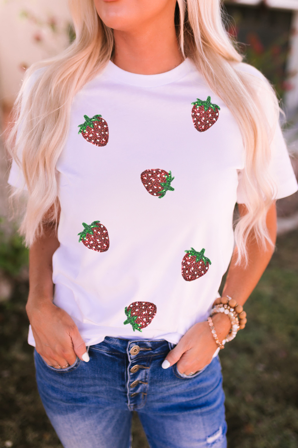 White Sequin Bow Strawberry Graphic Crew Neck T Shirt