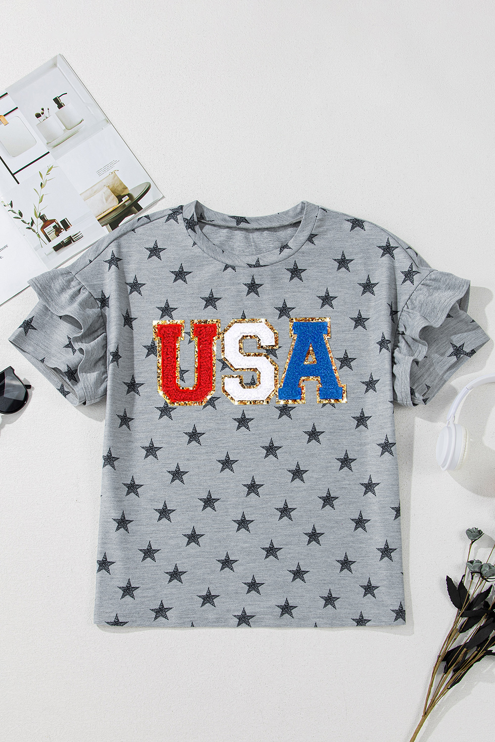 Gray USA Letter Patched Star Printed Ruffle Trim Sleeves Loose Tee