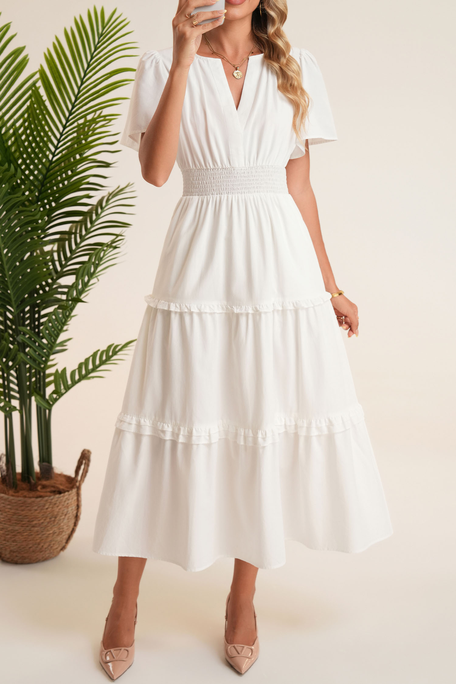 White Customizable Short Sleeve Button Bodice Smocked High Waist Tiered Dress