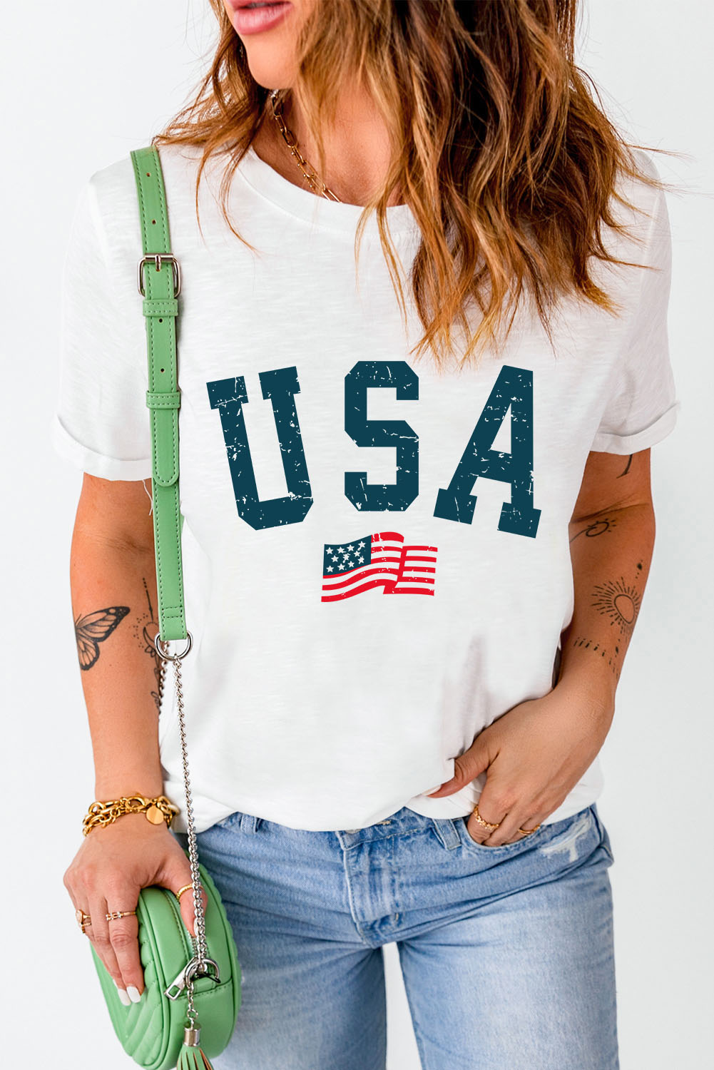 Gray Blooming USA Flag Print Casual T Shirt