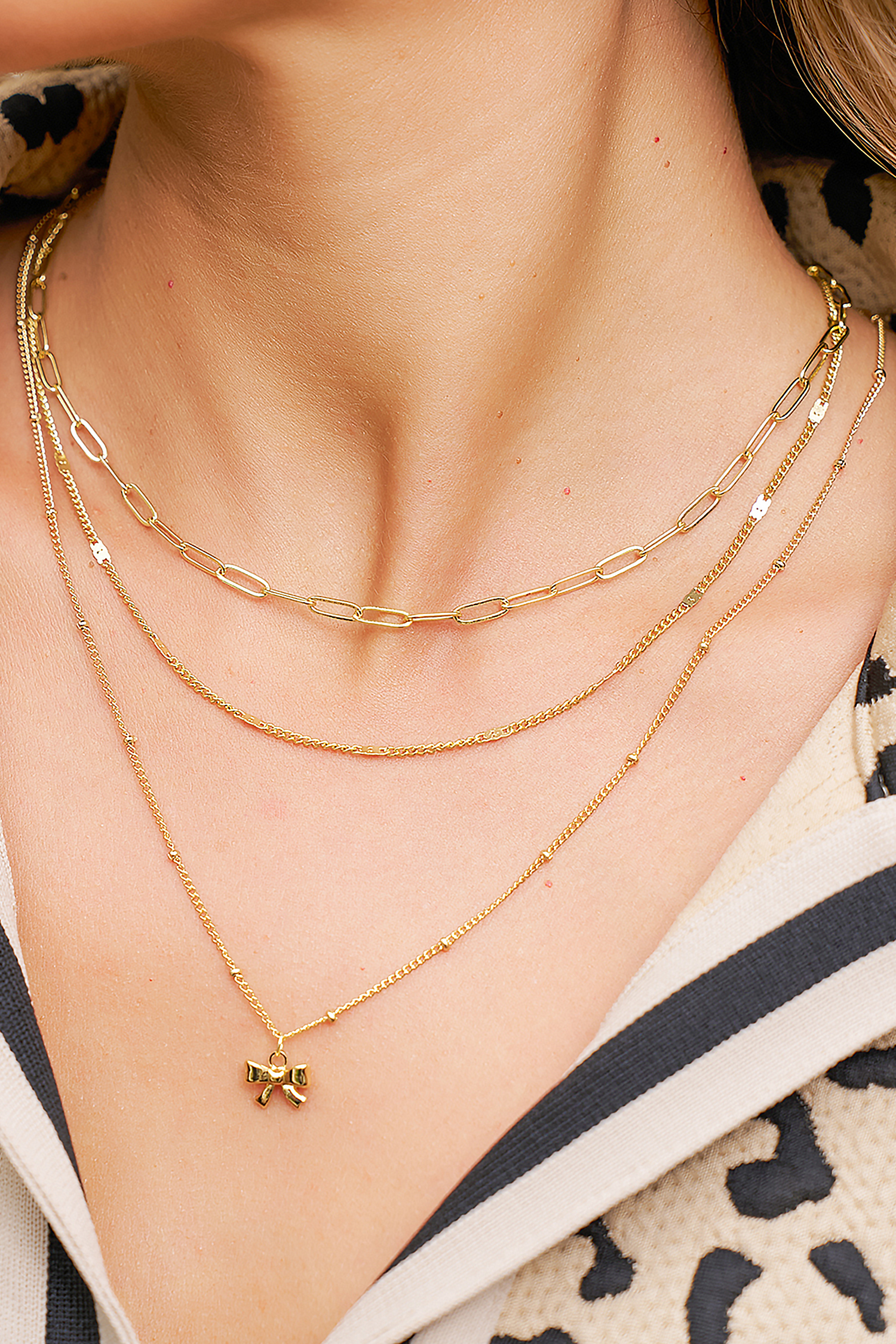 Gold Plated Trendy Paperclip Chain Bow Pendant 3pcs Necklace Set