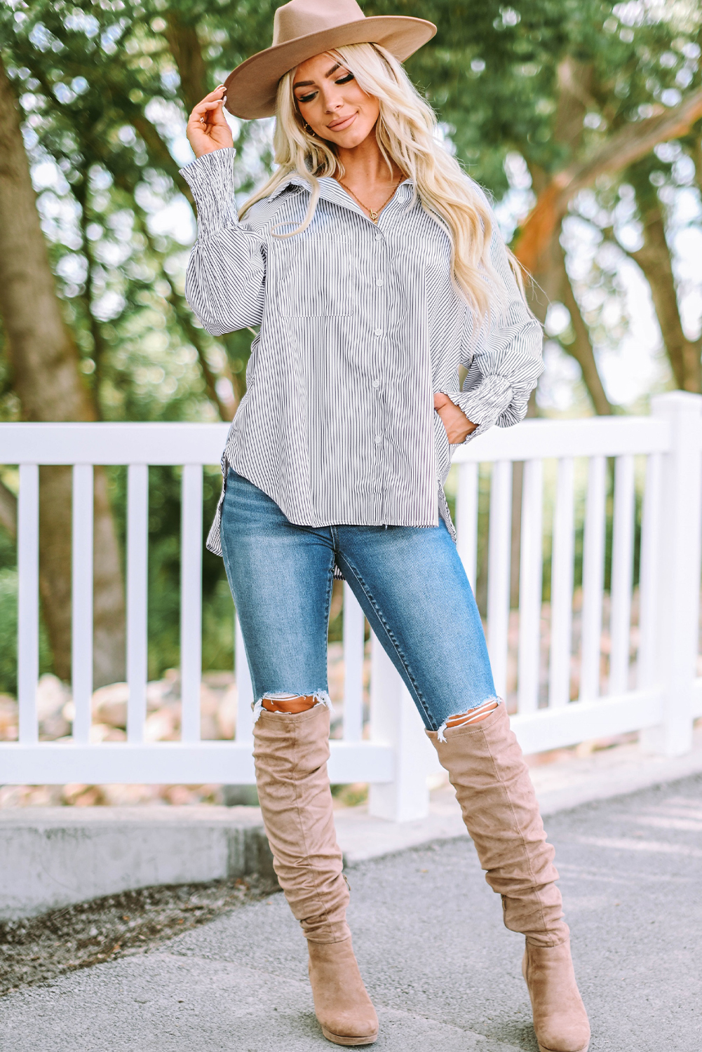 Red Stripe Smocked Cuffed Striped Boyfriend Shirt with Pocket
