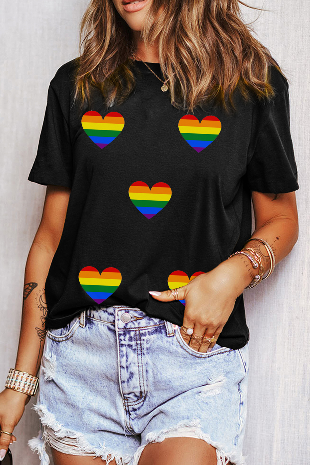 Black Heart Print Crew Neck Chic T Shirt