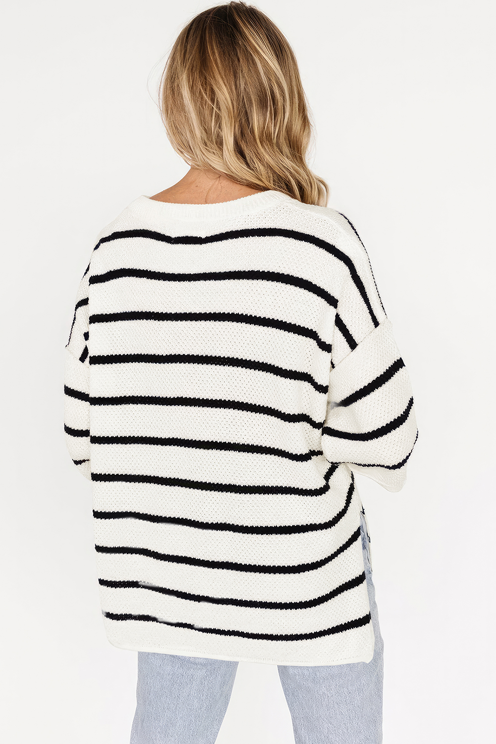 Black Stripe Henley Buttoned Placket Drop Shoulder Bracelet Sleeve Knit Sweater Tee