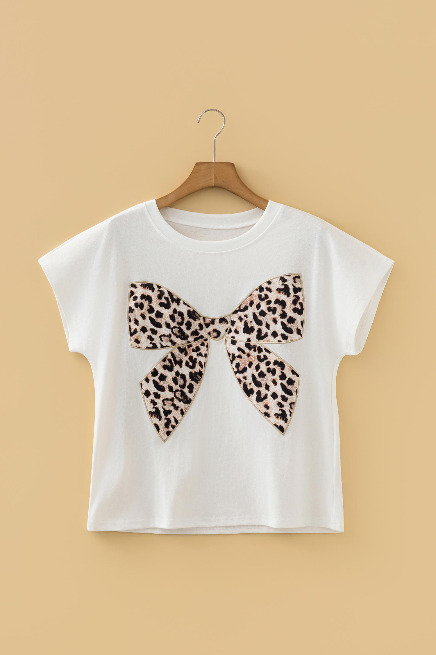 Pink Leopard Bow Embroidered Cotton Round Neck T Shirt