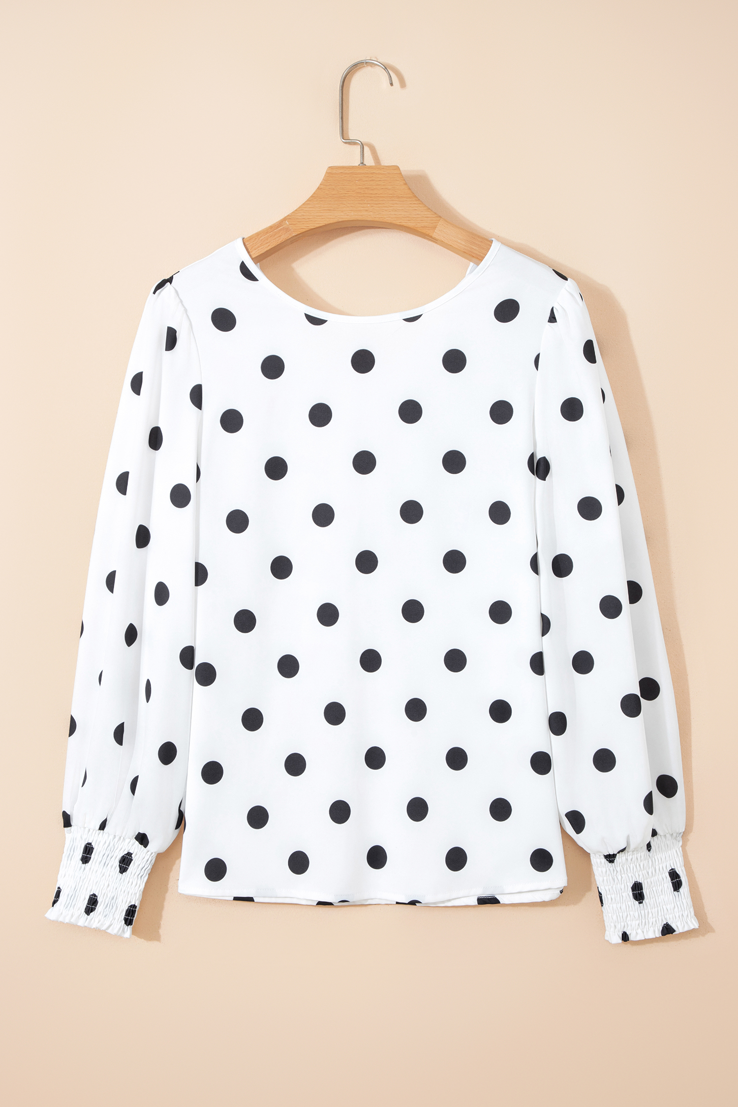 White Polka Dot Print Round Neck Frilled Long Sleeve Blouse
