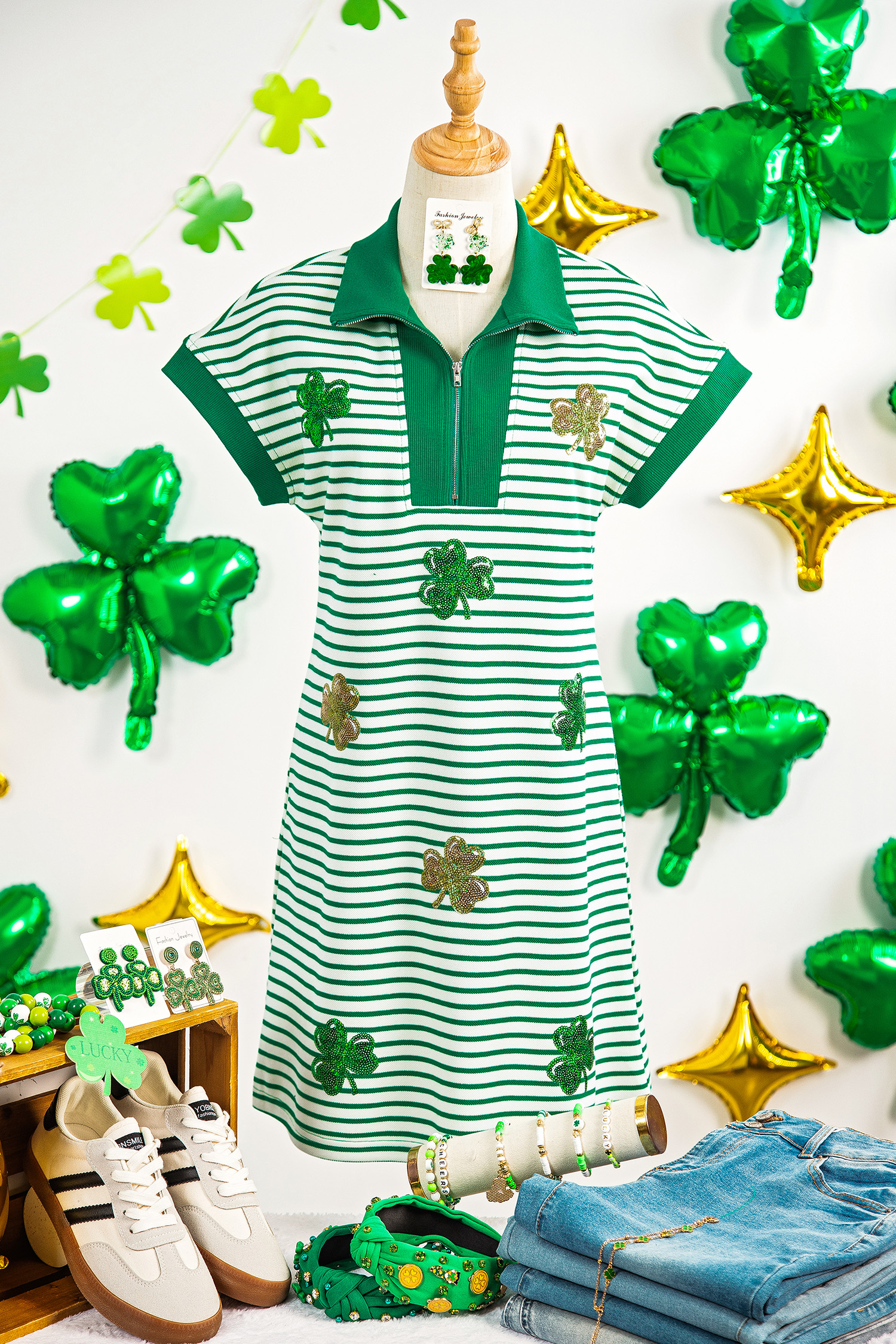 Green Stripe Magic St Patricks Day Sequin Graphic Zip Polo Tee Dress