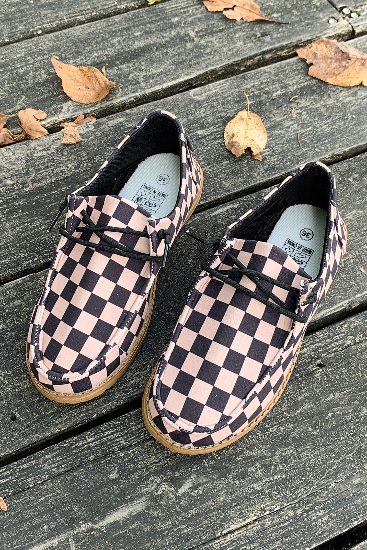 Dark Brown Checkered Print PU Leather Lace Up Detail Flat Shoes