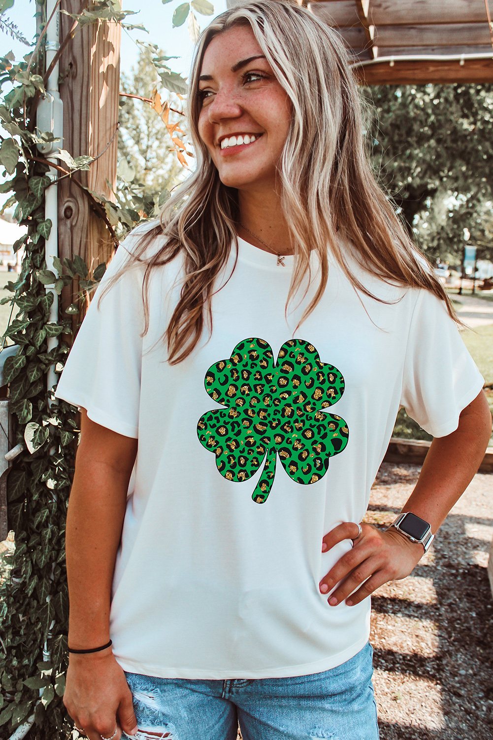 Black St. Patricks Lucky Clover Print O Neck T Shirt