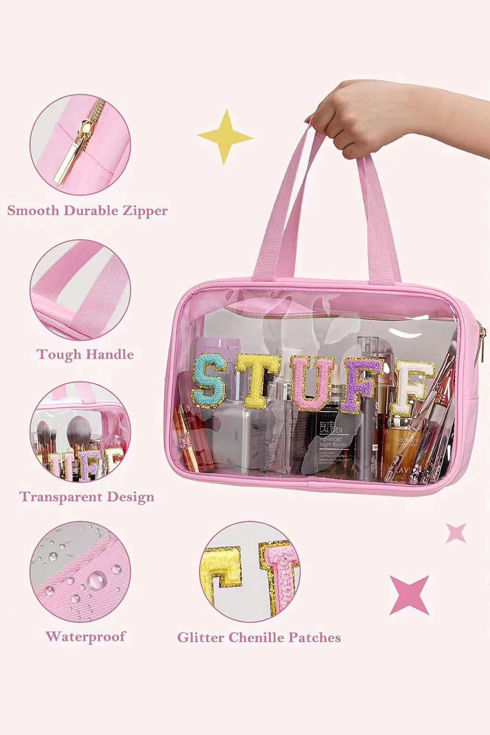 Light Pink TRAVEL Chenille Letter Clear PVC Makeup Bag