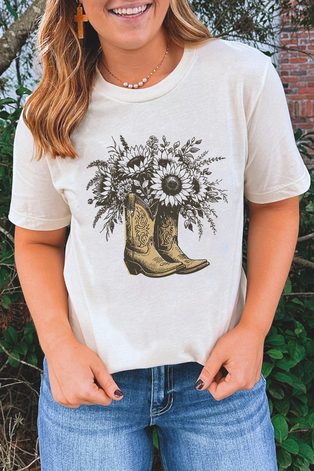 White Sunflower Cowgirl Boots Cotton Blend Graphic Tee