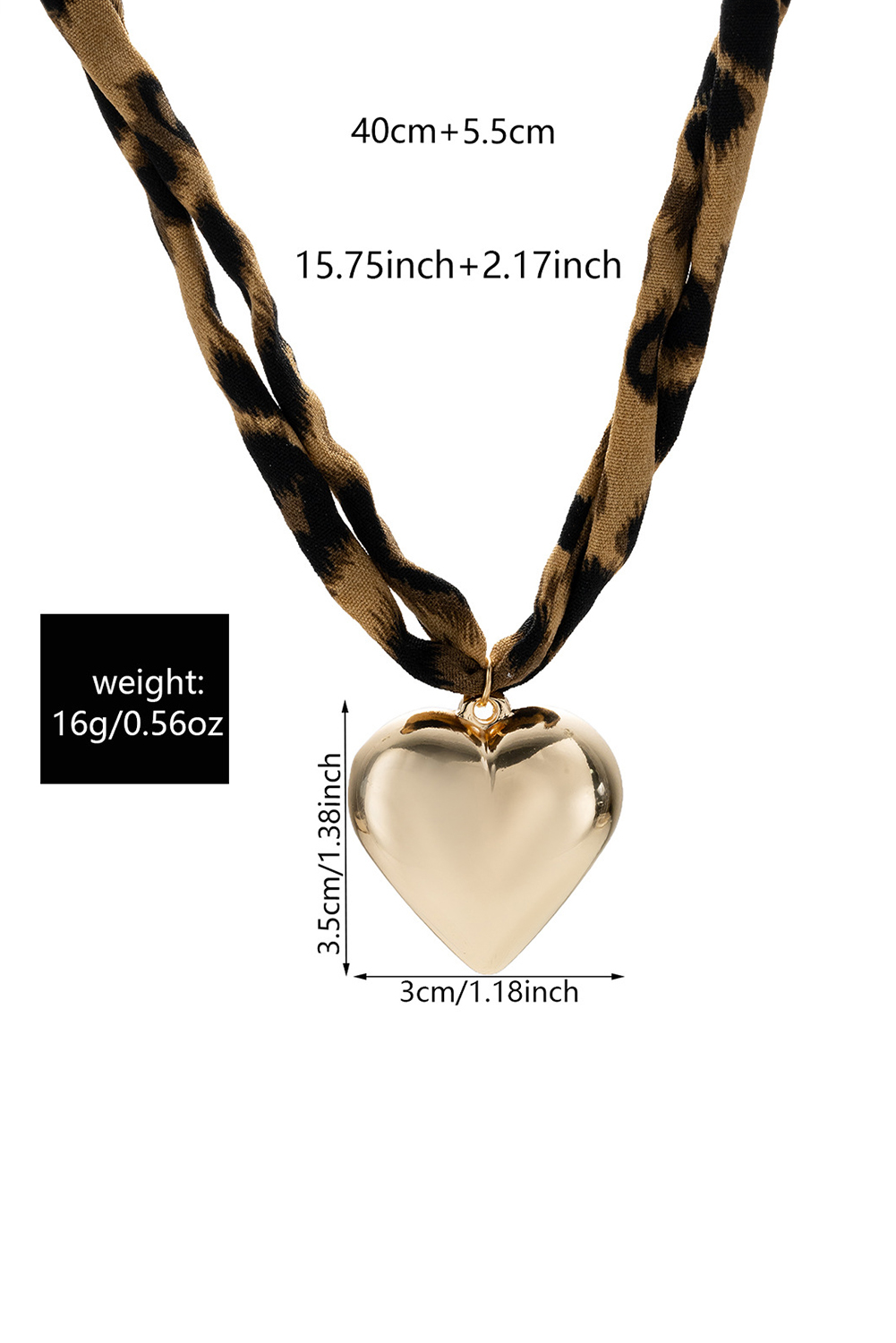Gold Puffy Heart Charm Leopard Scarf Necklace