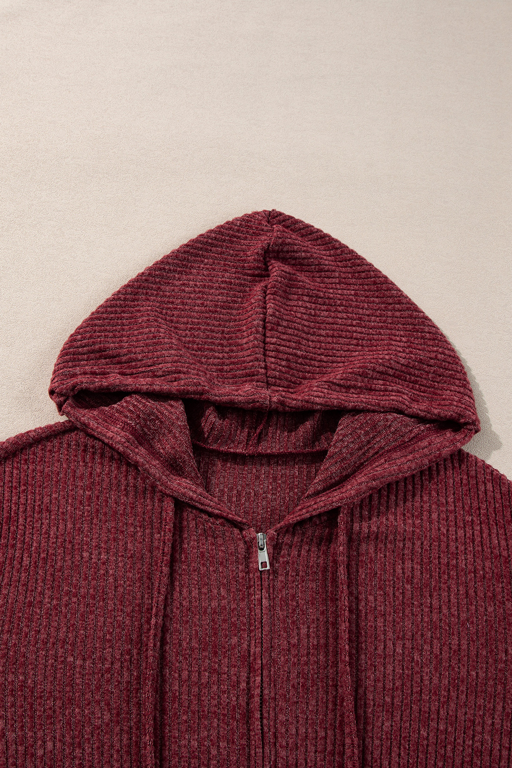 Dark Grey Ribbed Zip Up Front Drawstring Hoodie