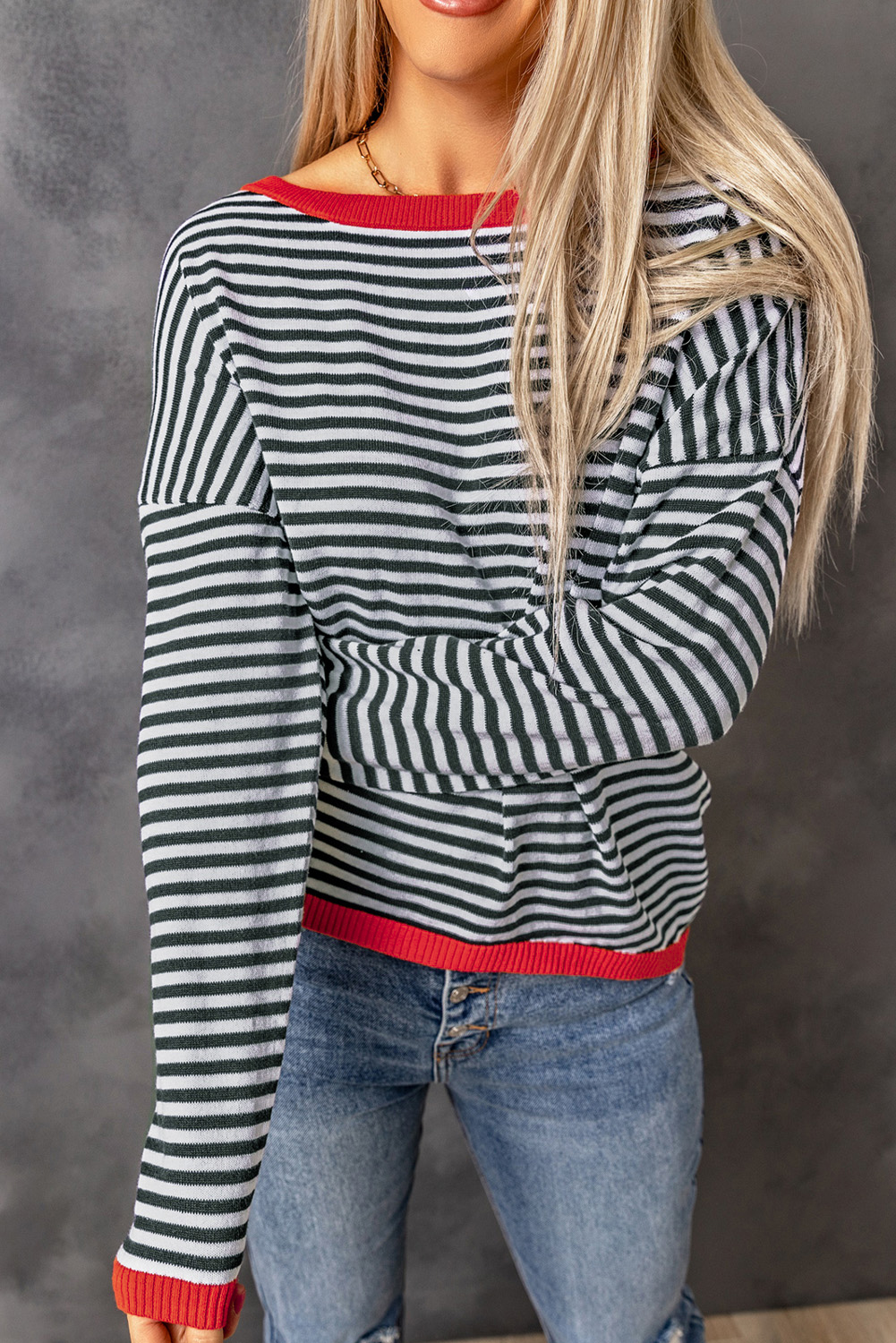 Fiery Red Striped Contrast Trimmed Drop Shoulder Sweater