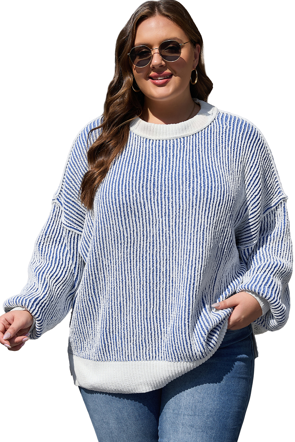 Bright Pink Striped Textured Knit Contrast Edge Loose Sweater