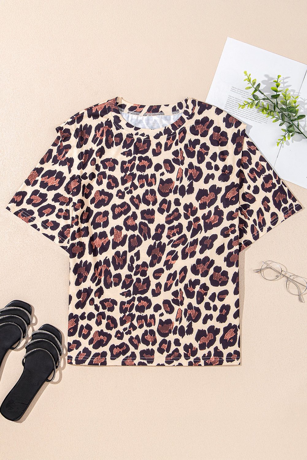 Khaki Cheetah Print Round Neck Loose Fit T Shirt