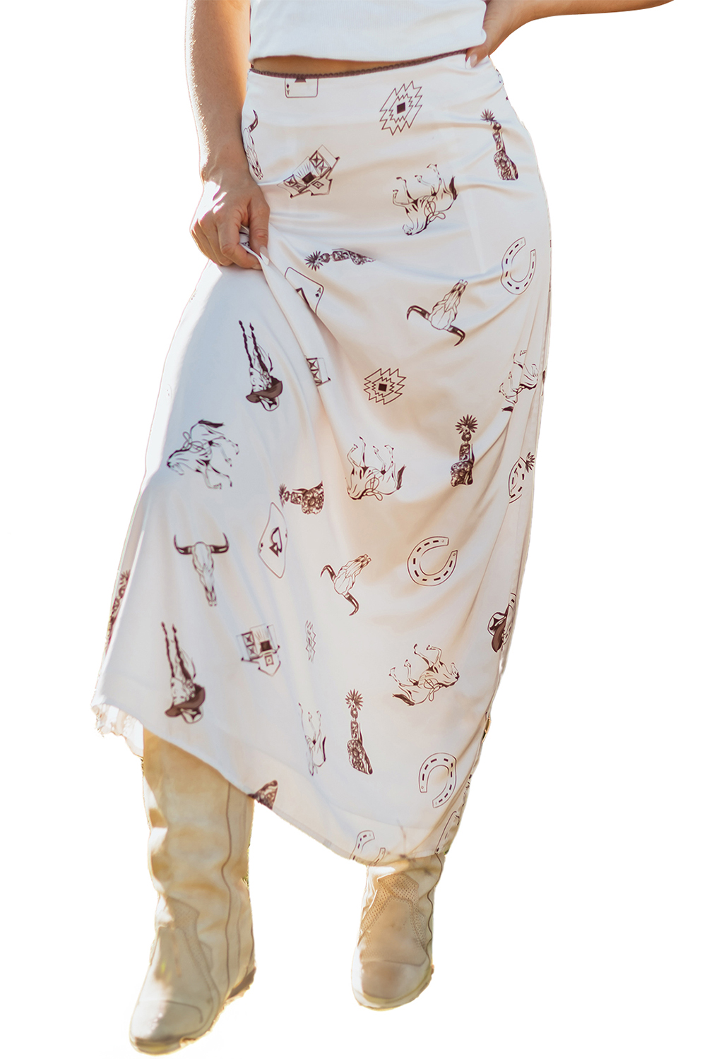 Beige Western Print Satin Long Skirt