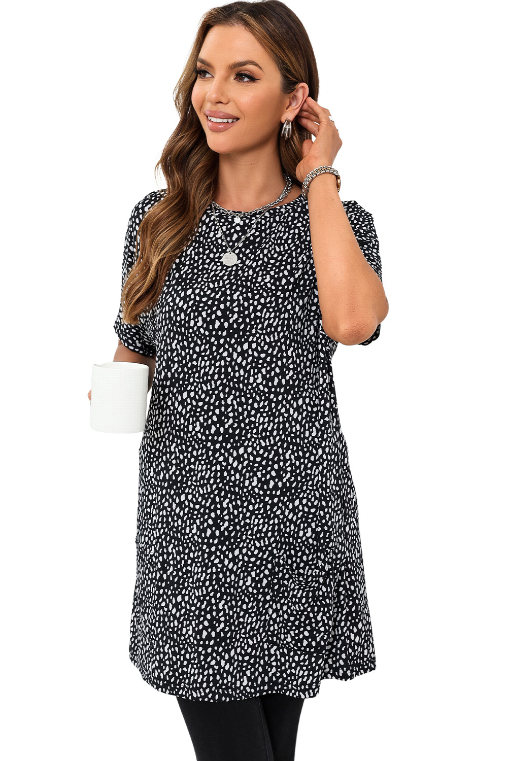 Black Leopard Print Side Pockets Tunic Top