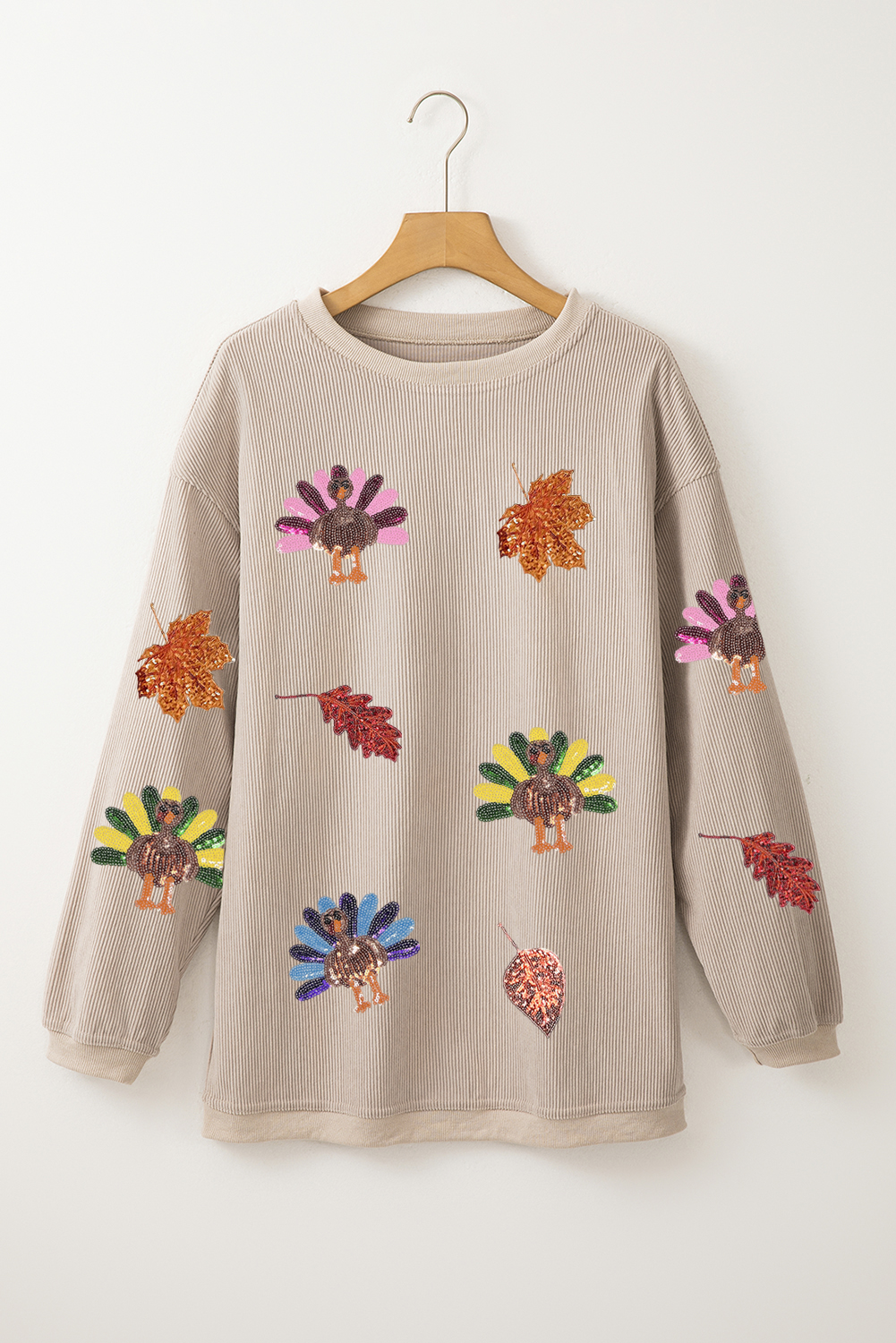 Smoke Gray 3D Ribbed Sequin Fall Leaf Turkey Graphic Baggy Sweatshirt