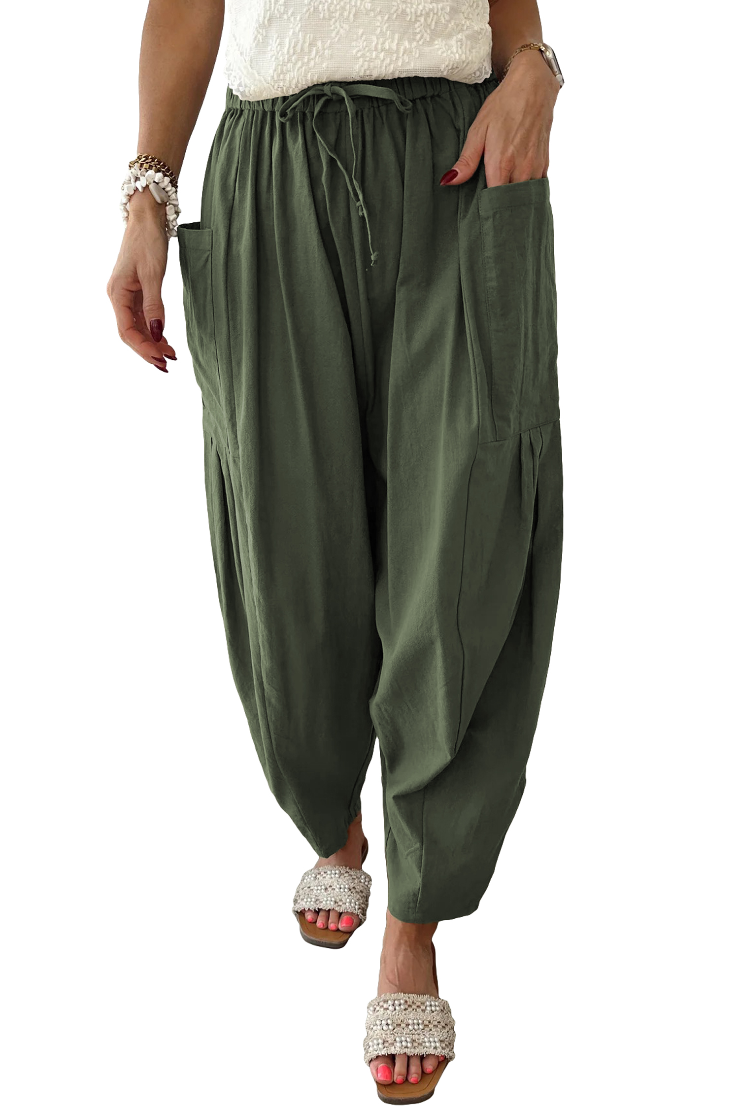 Black Drawstring Elastic Waist Patch Pocket Barrel Leg Casual Pants
