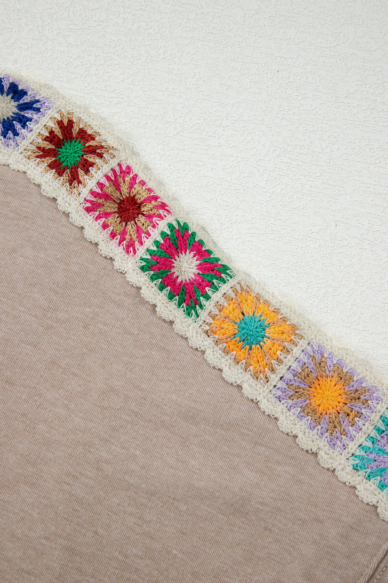 Light Grey Granny Square Crochet Detail Loose T Shirt