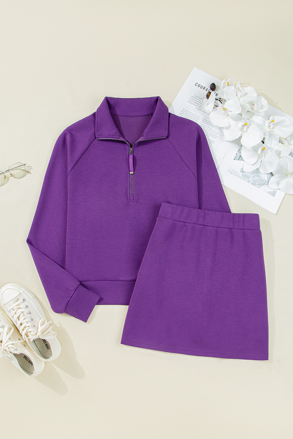 Dark Blue Half Zip Sporty Pullover Mini Skort 2pcs Outfit