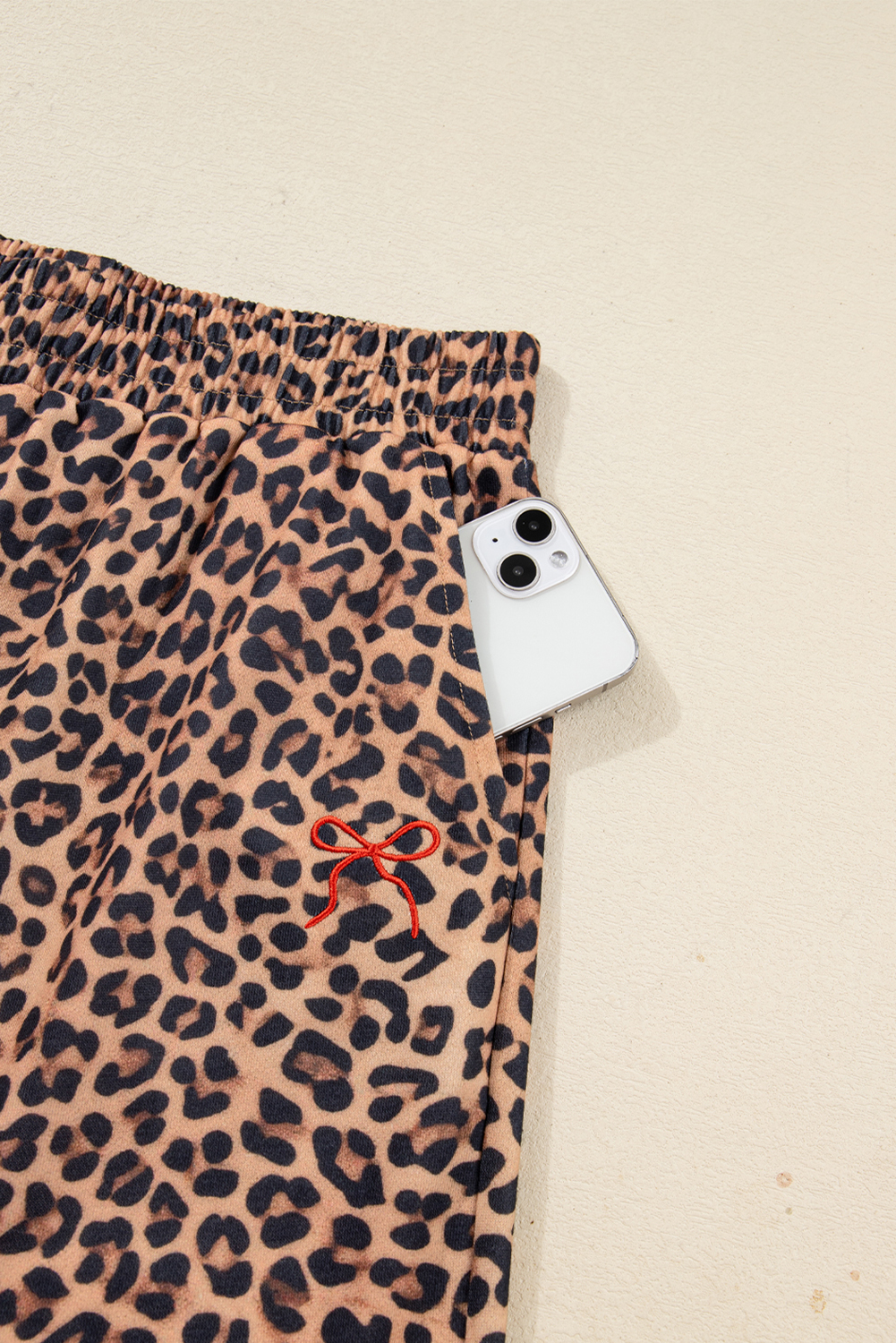 Khaki Leopard Pullover and Pants 2pcs Outfit with Bow Embroidery