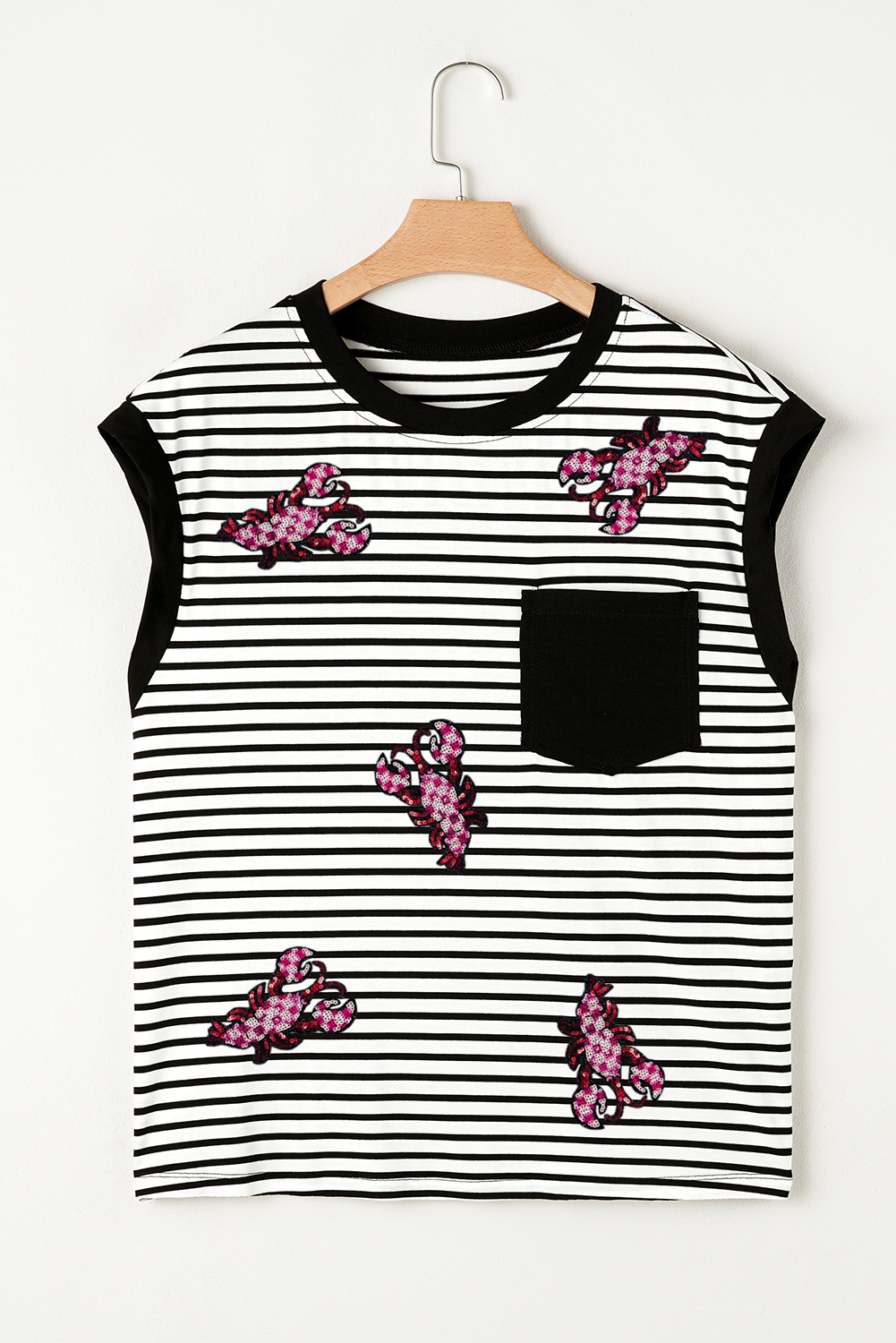 Black Stripe Sequined Lobster Patched Pocket Casual Tank Top