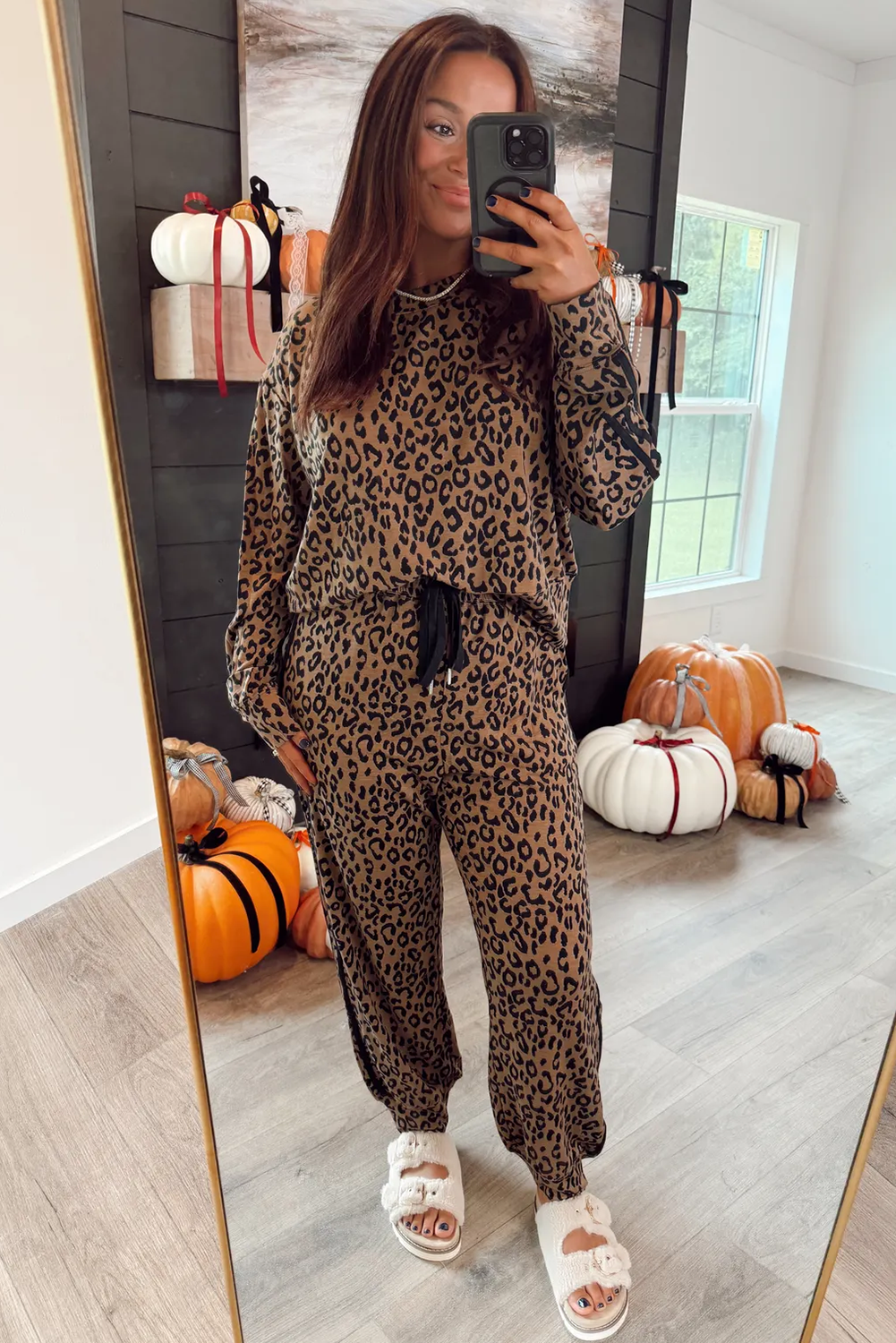 Brown Varsity Striped Trim Leopard Long Sleeve Top Drawstring Pant Set
