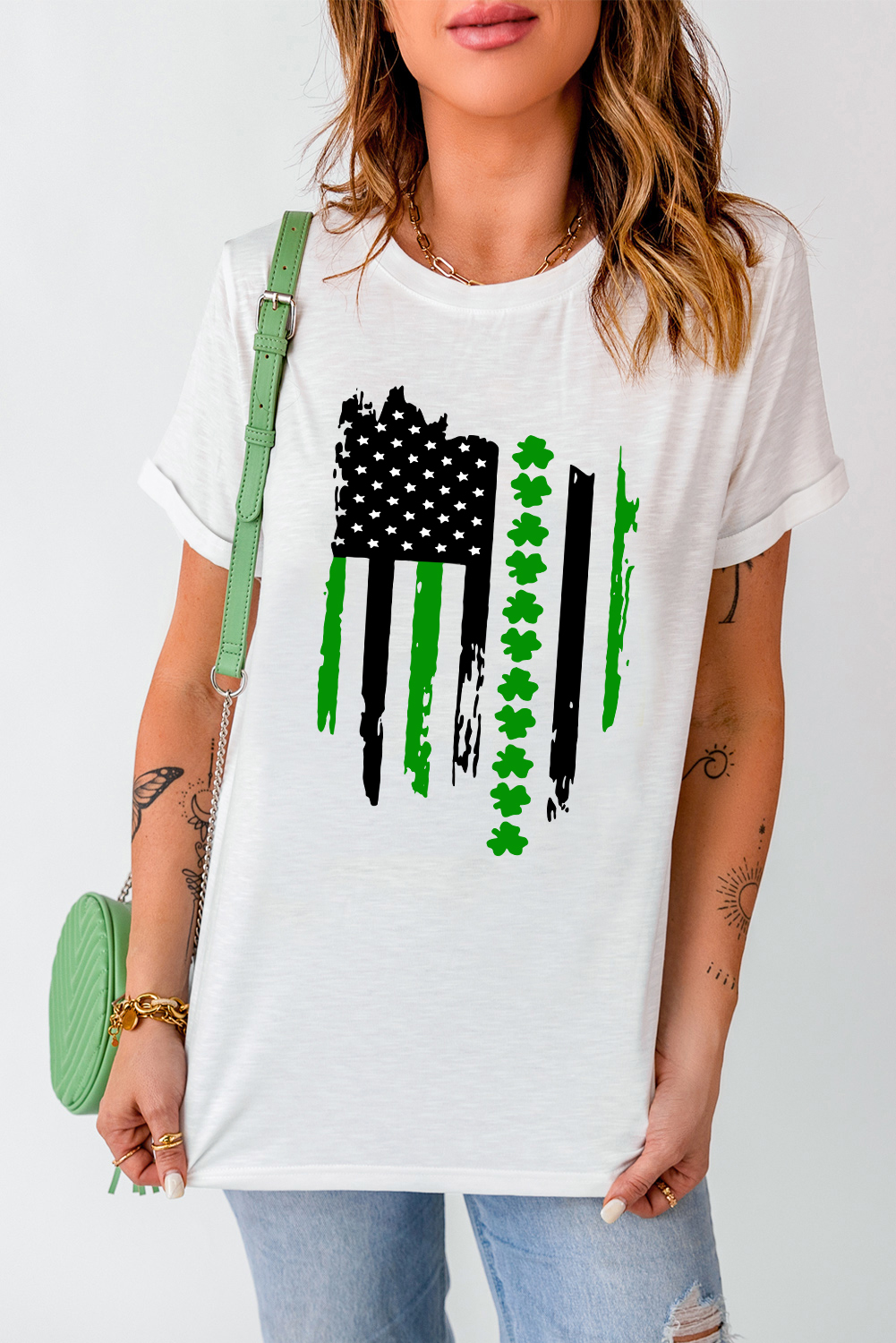 Black St. Patricks Lucky Clover Print O Neck T Shirt