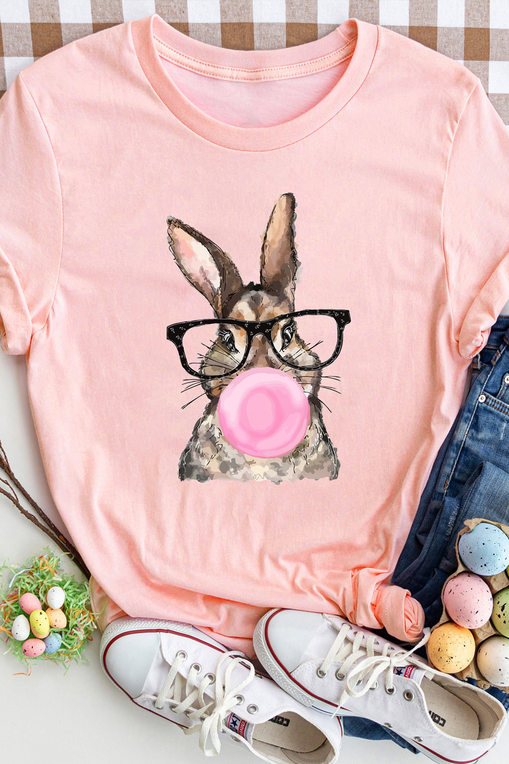White Easter Egg Bow Bunny Ear Printed T Shirt