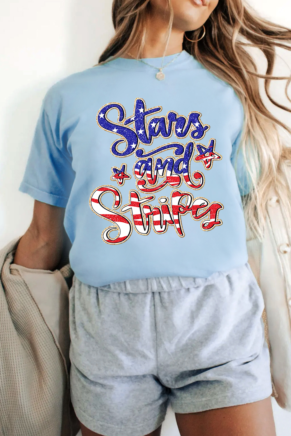 Light Blue Stars and Stripes Graphic July 4th Patriotic Tee