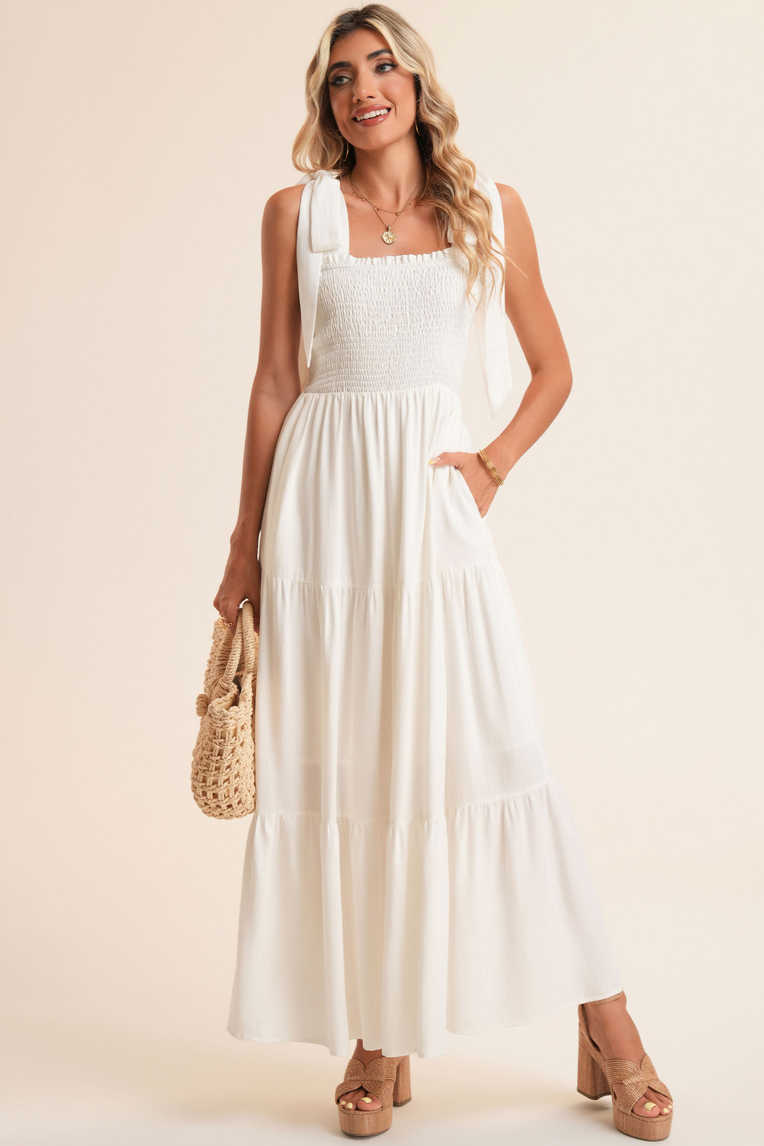 White Customizable Knot Straps Smocked Bodice Tiered Blank Maxi Dress