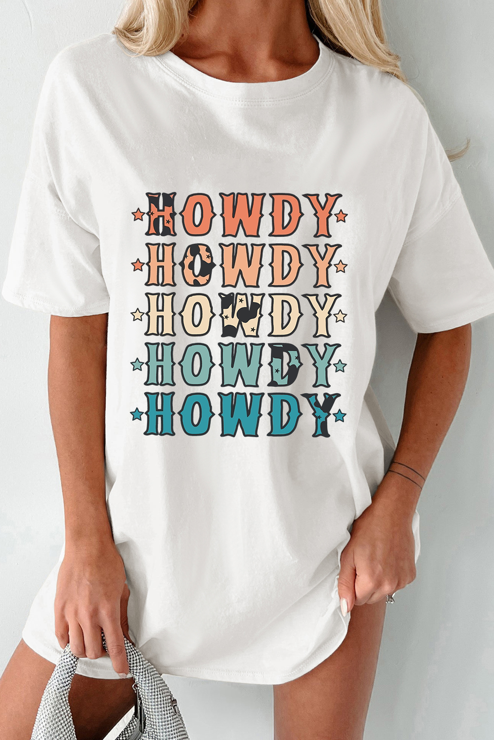 White HOWDY Stars Print Crew Neck Loose Fit T Shirt