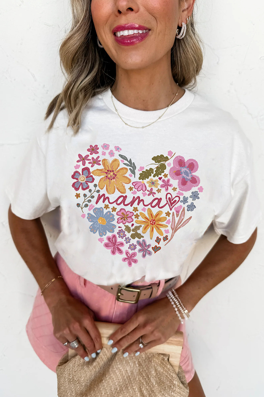 White MAMA Flower Heart Cotton Blend Graphic Tee