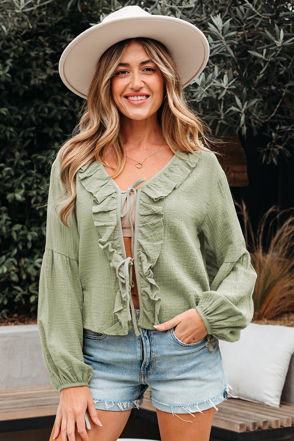 Meadow Mist Green Bow Tie Front Ruffle Trim V Neck Long Sleeve Gauze Blouse