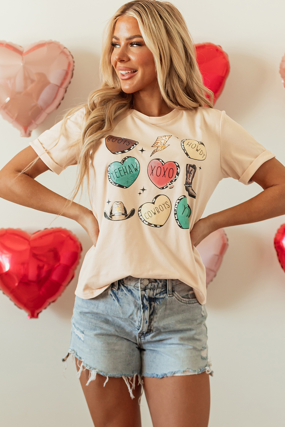 Red Leopard Striped Heart Shaped Print Crew Neck T Shirt