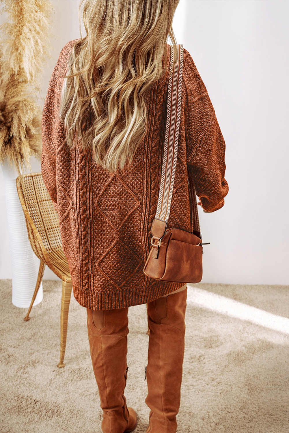 Parchment Cable Knit Drop Shoulder Loose Fit Sweater Dress