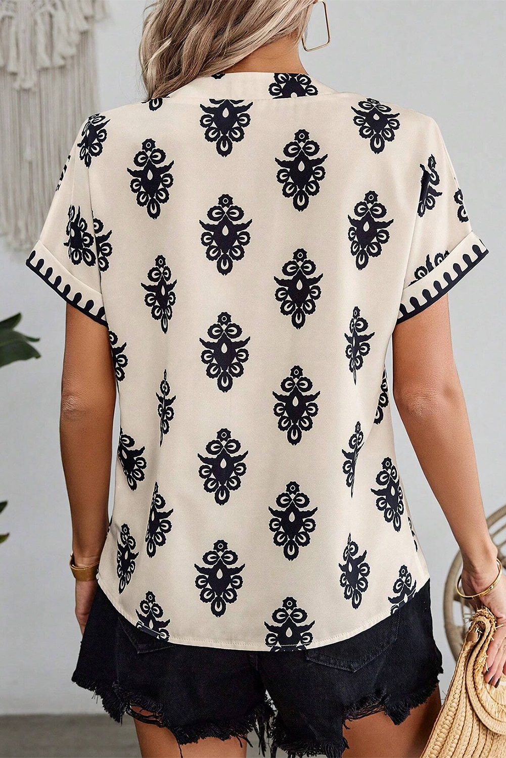 Beige Geometric Printed Sleeveless Hollowed Bowknot Back Mini Dress