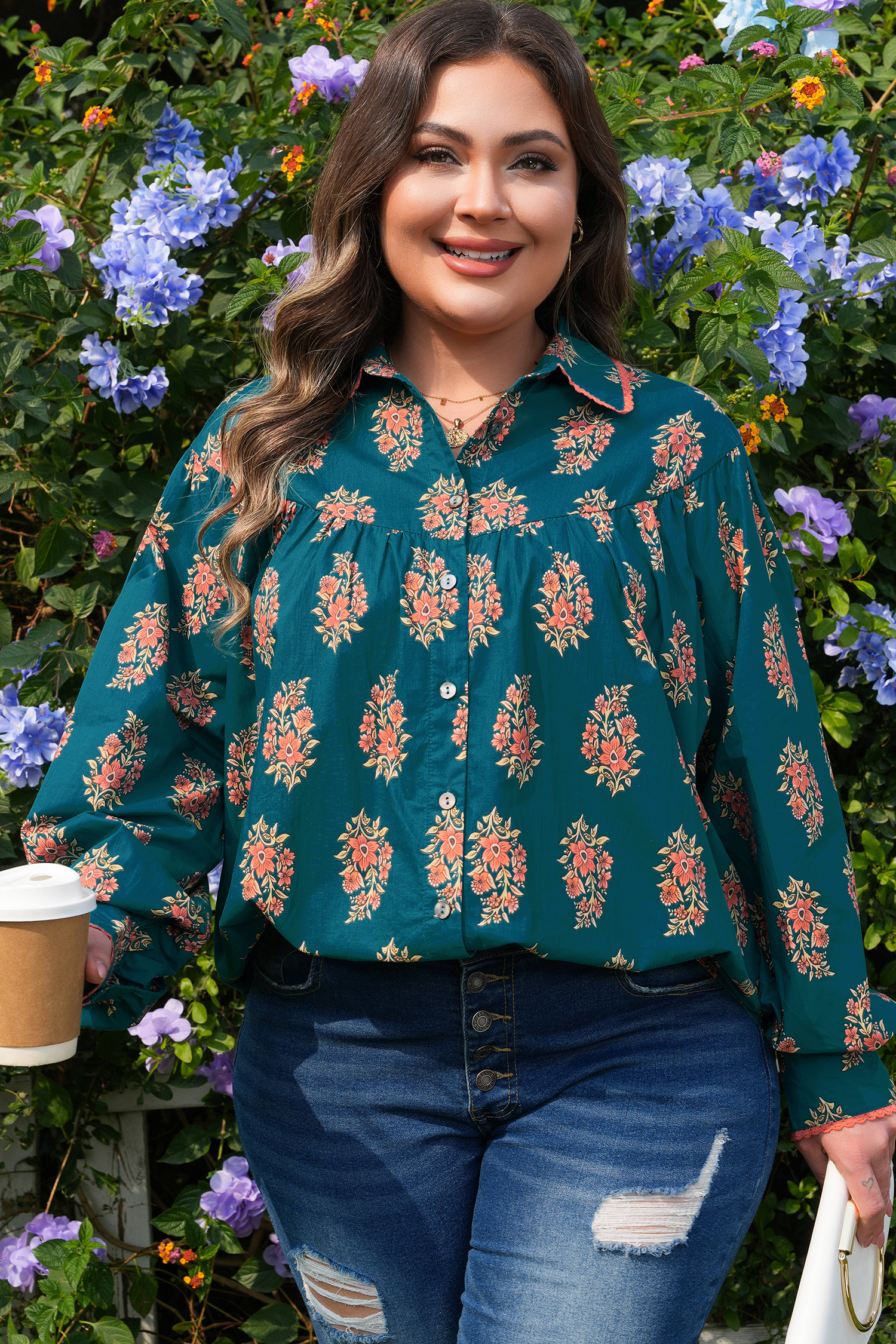 Green Plus Size Floral Print Contrast Lacy Trim Pleated Loose Shirt