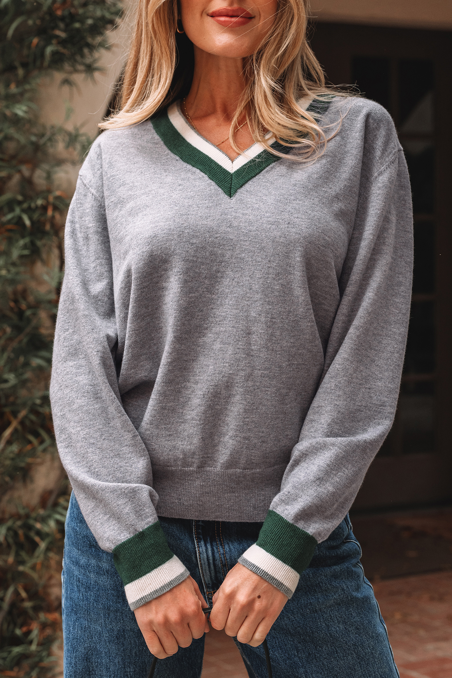 Black Contrast Striped Trim V Neck Varsity Sweater