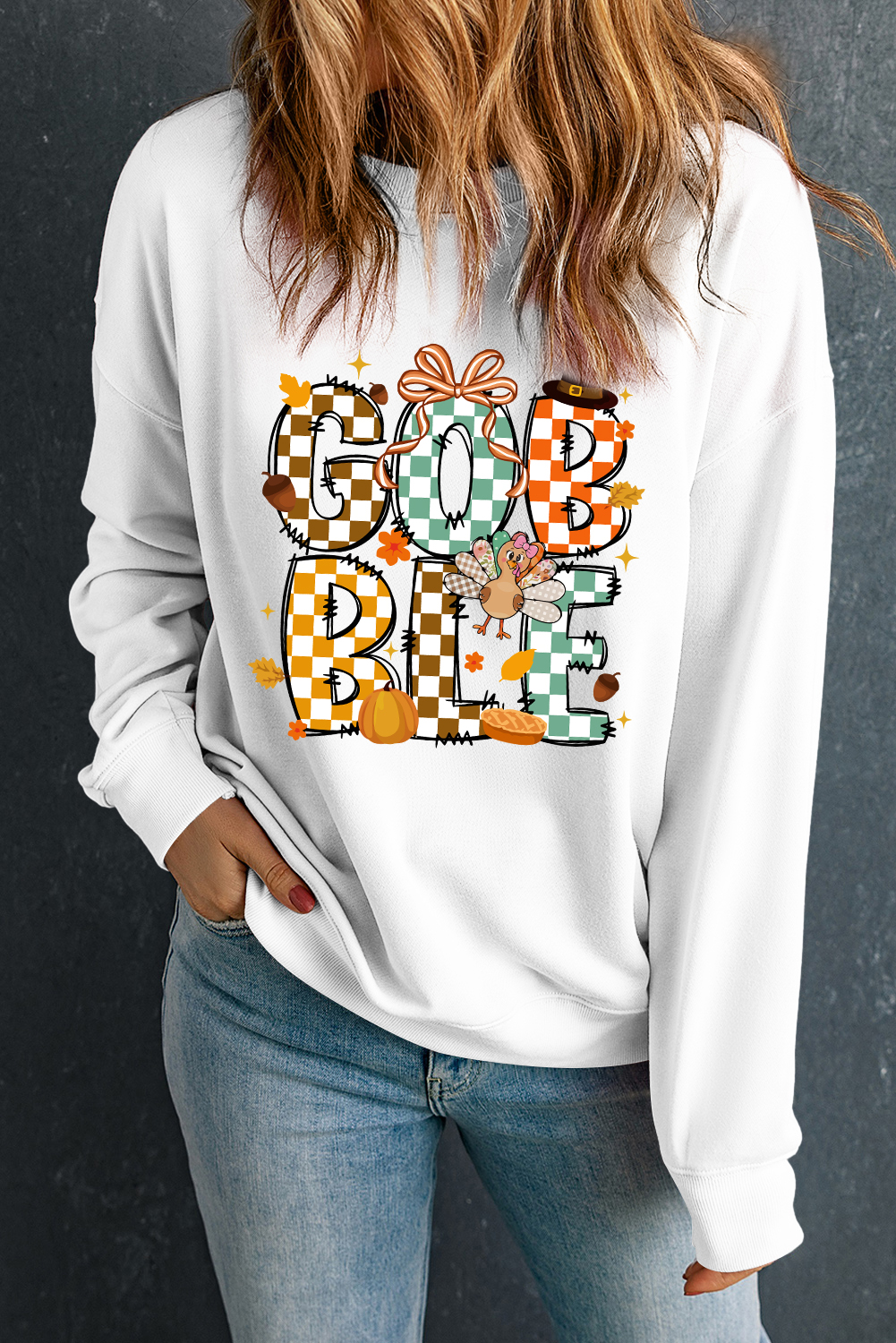 White GOBBLE Checkered Letter Print Thanksgiving Turkey Graphic Sweatshirt