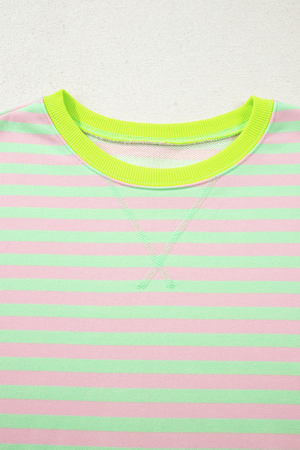 Red Stripe Contrast Ribbed Trim Crossed Stitch Drop Shoulder Sweatshirt